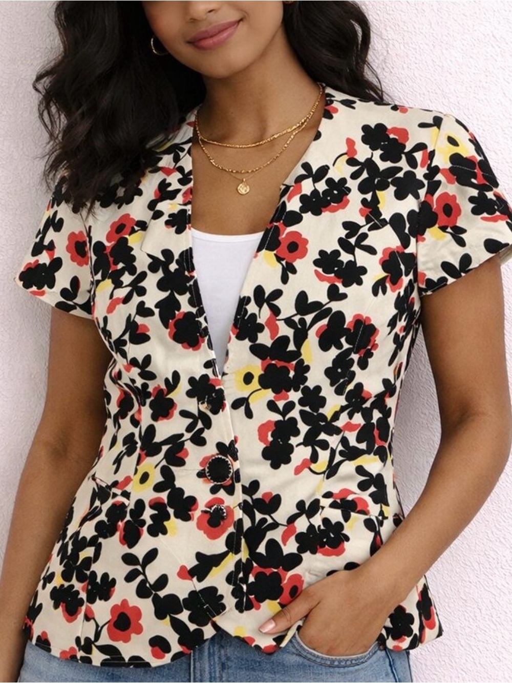 Anthropologie Elevenses Dahlia Cap Sleeve Single Button Floral Blazer Size 8